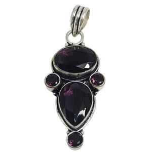 Vintage Sterling Silver 925 Faceted Amethyst Purple Gemstone Pendant 2.5"